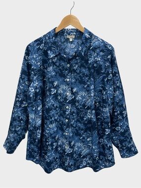 Talbots Cotton‎ Button Front Shirt Blue Floral Toile Coastal Botanical 2X Plus